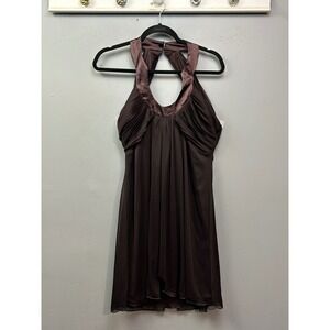 Snap Dress Womens Medium Y2K Retro Satiny Brown Halter Pleated Ruched Zip Back
